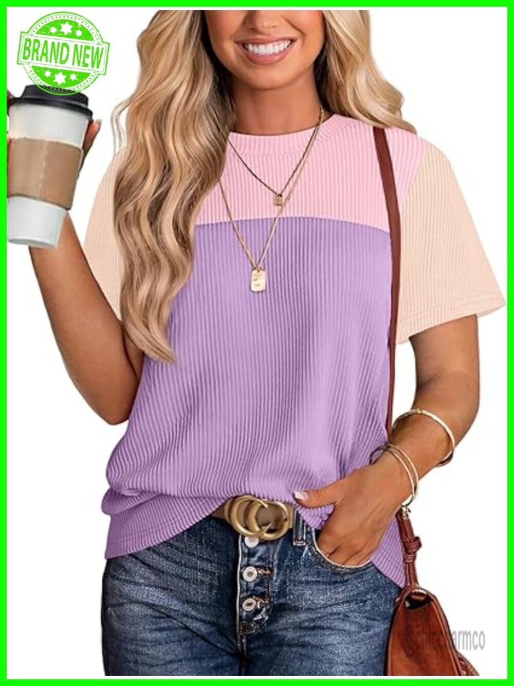 Color Block Knit Short Sleeve Crewneck T-Shirt Trendy Summer Top